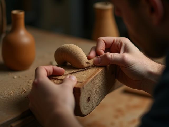 Artisan travaillant une pièce de bois dans l’atelier, symbole d’engagement artisan