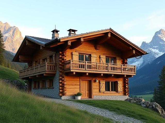 Chalet en bois en milieu alpin avec montagnes en arrière-plan